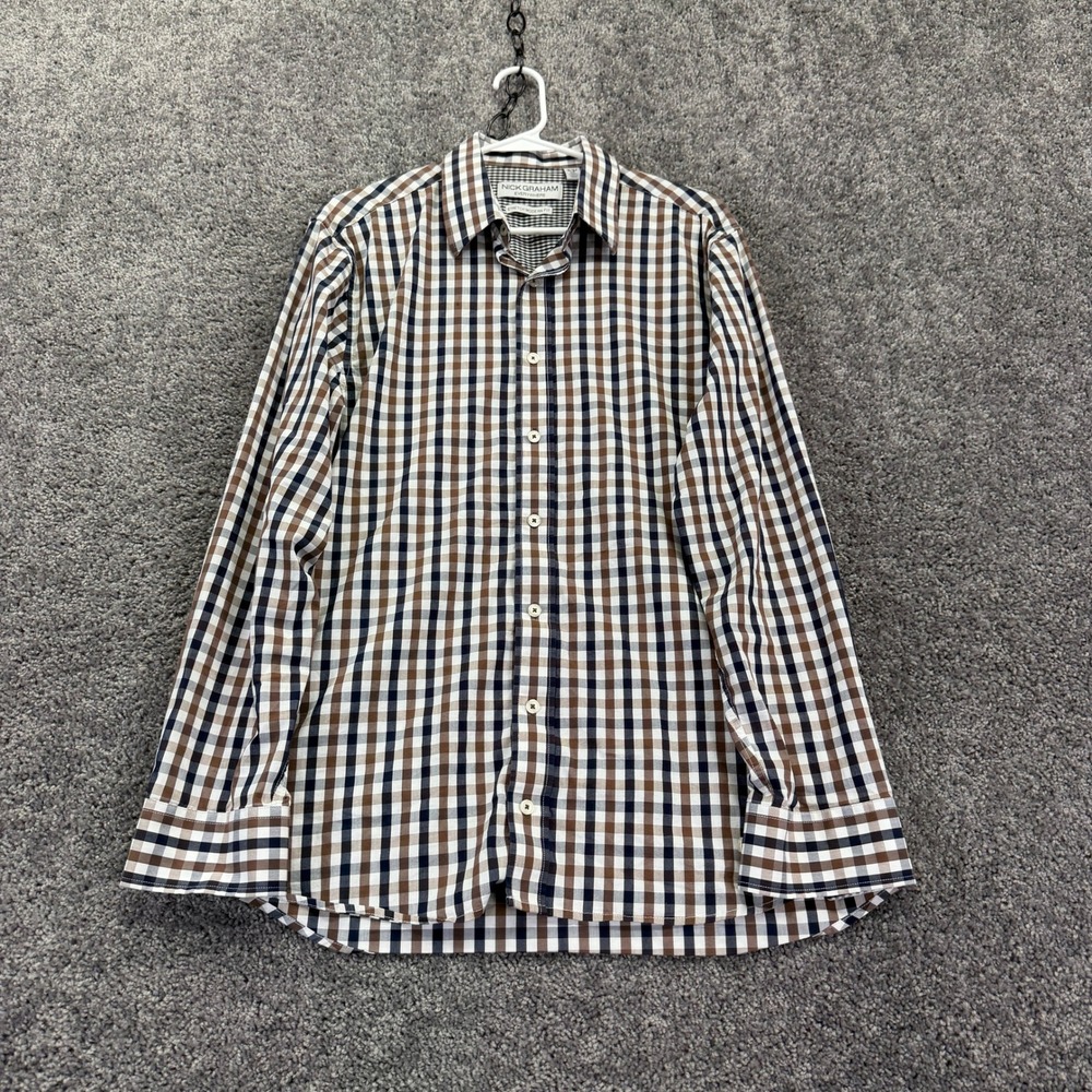 Nick Graham Button Up Mens L Brown Gingham Stretch Modern Fit